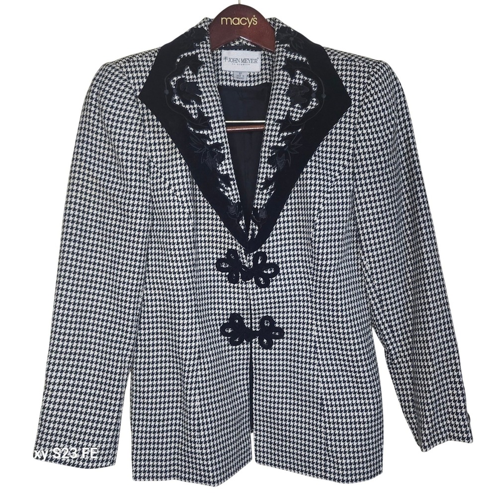 John Meyer Blazer Women 6P Black White Houndstooth Velvet Trim Embroidery Floral